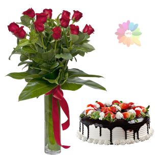 20 red roses in glass vase with 1 pound black forest cake 