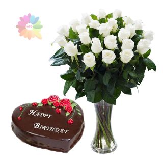 20 white roses arranged in glass vase with 1 kg double chocolate heart shape cake