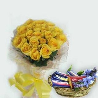 20 yellow roses Bunch with basket of 15 Assorted chocolates