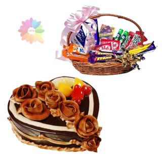  heart shape chocolate heart shape cake with exotic fruits topping with basket of assorted chocolates 