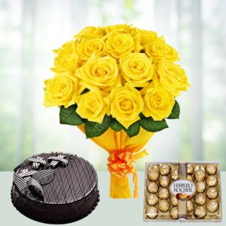 Bunch of 20 yellow Roses with Half kg chocolate fantasy Cake with box of 24 pcs rocher ferrero chocolates