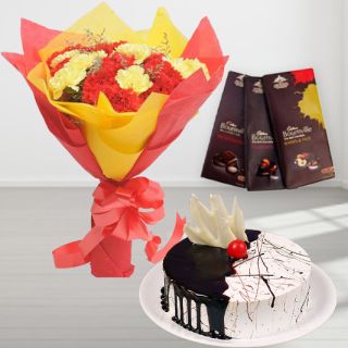Bunch of 20 red and yellow carnations with chocovanilla cake with 3 bournville chocolates
