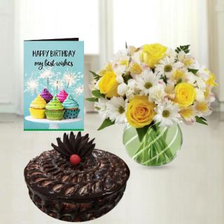vase arrangement of roses and daisies, chocolate fudge cake, birthday greeting card 