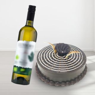 chocolate zebra cake with bottle of white wine