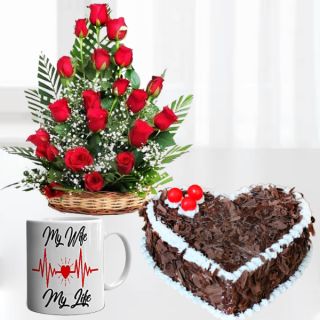 Basket arrangement of 20 red roses, half kg heart shape black forest cake, photo mug 