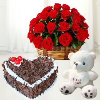 Basket of 20 red roses with heart shape eggless  blackforest cake & 1 feet height teddy bear