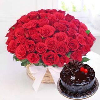 50 Red Rose Basket With 1 Pound Chocolate Fantasy Cake 