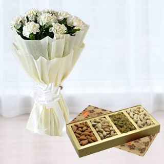 Bunch of 15 white carnations with box of assorted dryfruits