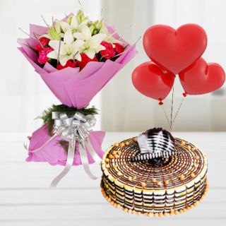 Bunch of white lilies & red carnations with Butterscotch cake with 3 heart shape blown balloons
