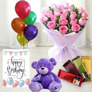 20 pink roses bunch ,  6 inch teddybear , set of 4 temptations chocolates, birthday greeting card with 5 blown balloons 