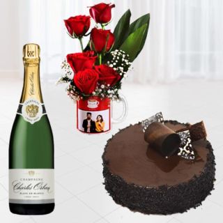 Bunch of 5 red roses arranged in photo mug , Bottle of champagne  with half kg choco chips cake