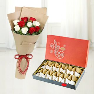 Bunch of 20 red and white roses with 1 kg assorted sweets