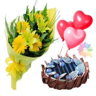 blueberry fresh cream cake with bunch of yellow lilies with yellow gerberas with 3 heart shape blown balloons