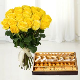 Bunch of 50 yellow roses with 1 kg assorted sweets