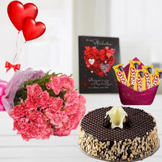 Bunch of 10 pink carnations, half kg chocolate walnut cake, 2 heart shape balloons, pack of five 5star chocolates with greeting card 