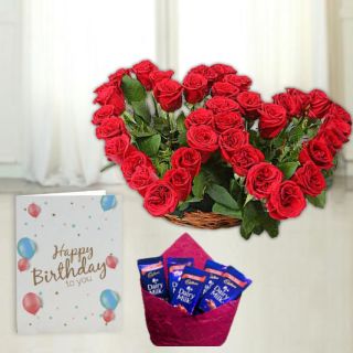 Twin heart shape arrangement of 30 red roses,  pack of 5 dairy milk chocolates, birthday greeting card  