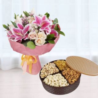 Bunch of lilies&carnations with box of assorted dryfruits