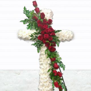 2 feet height funeral cross with red roses in centre