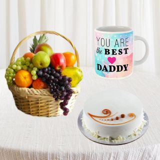 2 kg assorted fruits basket, half kg vanilla cake, photo mug 