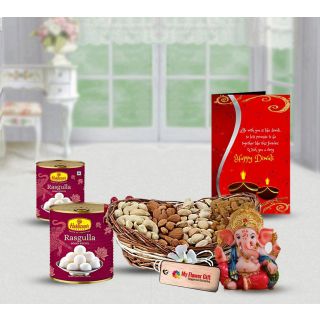 Rasgulla, Half kg Assorted  Dry fruits, Ganesha Idol with Diwali greeting card 