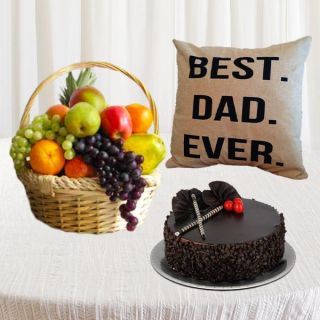 2 kg seasonal fruits basket, half kg choco chips cake, photo cushion 