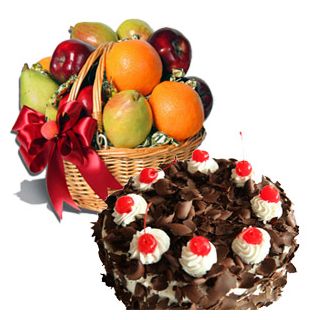 2 kg seasonal mix fruit basket with 1 kg fresh cream black forest cake(Eggless)