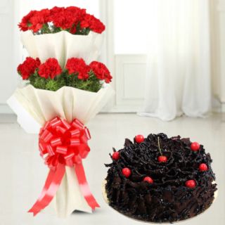 2 layer bouquet of 30 red carnations with chocolate fantasy cool cake 