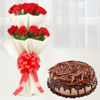 2 layer bunch of 30 red carnations with  chocolate cheese cake