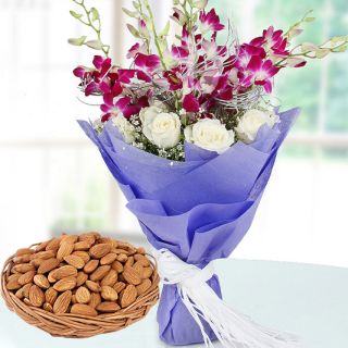 Bunch of lavender orchids&white roses with half kg almonds
