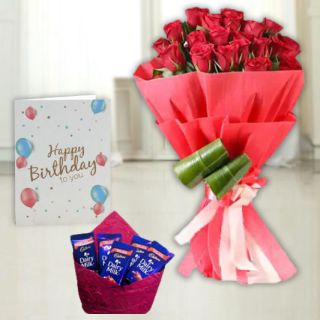 Bunch of 20 red roses,  pack of 5 dairy milk chocolates, birthday greeting card  