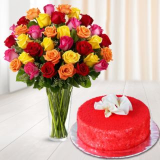30 mix roses in glass vase with red velvet cake 