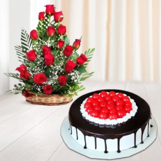 30 red roses basket arrangement with premium black forest cool cake 