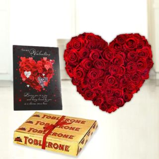 30 red roses heart shape arrangement, set of 3 toblerone chocolates, valentine Greeting card 