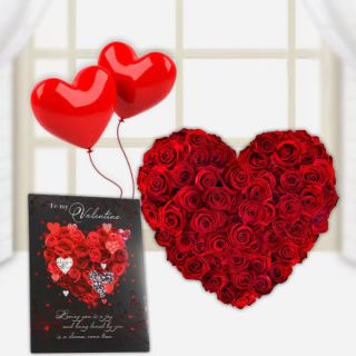 30 red roses heart shape arrangement with valentine day greeting card and pair of heart shape balloons 