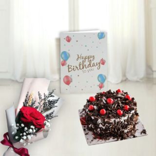 Single red rose, 1 kg black forest cool cake, Birthday card 