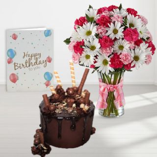 Vase arrangement of exotic mix flowers, chocolate explosion cake, birthday greeting card 