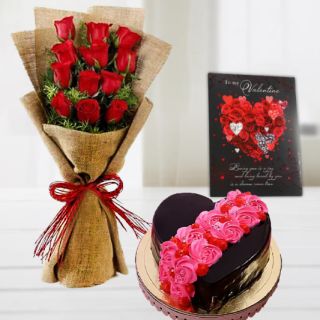Bunch of 12 red roses with jute packing , 1 kg heart shape cake with floral topping , valentine greeting card 