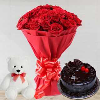 30 red roses with 1 Pound black forest cake & teddy bear