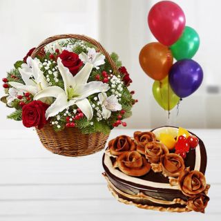 exotic lilies and roses basket arrangement with chocolate heart shape cake with 5 blown balloons 