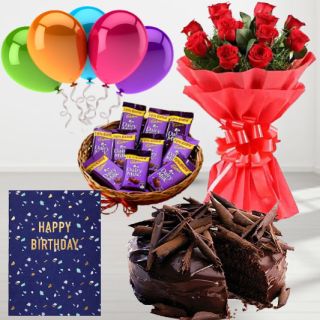 Bunch of 10 red roses, chocolate truffle premium quality cool cake, Basket of dairy milk chocolates, birthday greeting card, with 5 blown balloons