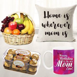 Photo cushion with photo mug, 16 pcs rocher ferrero with basket of 2 kg mix fruits basket 