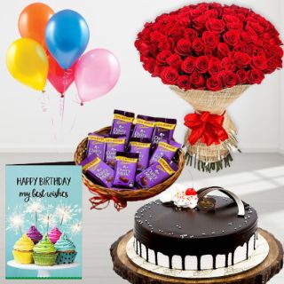 Bunch of 50 red roses, choco vanilla premium quality cake, Basket of dairy milk chocolates, birthday Greeting card, with 5 blown balloons