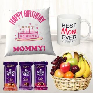 Photo cushion with photo mug, 3 dairy milk silk chocolates, basket of 2 kg mix fruits 