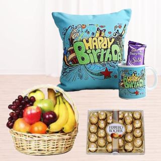 Basket of 2 kg seasonal fruit basket, 24 pcs Ferrero rocher chocolates, set of photo cushion with photo mug with a dairy milk silk chocolates 