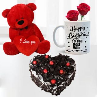 1 kg heart shape  black forest cake, 6 inch height red teddybear , with 2 red rose in photo mug 