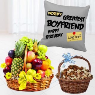 3 kg seasonal fruit basket , basket of half kg assorted dry fruits with photo cushion 