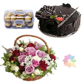 Basket of 15 mix colour roses with chocolate fantasy cake with 16 pcs rocher ferrero chocoltes 