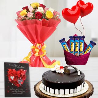 10 Mix colour roses bouquet , half kg premium quality choco vanilla cake , 2 heart shape balloons, pack of 5 perk chocolates with greeting card 
