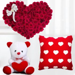 50 red roses heart shape arrangement , 6 inch cute teddybear with photo cushion 