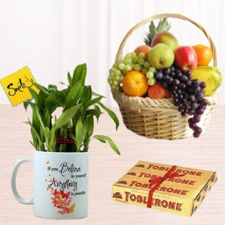 Basket of 2 kg assorted mix fruits basket,lucky bamboo in photo mug with set of 3 toblerone chocolates 